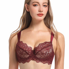 Woman wearing a lace bralette on a white background