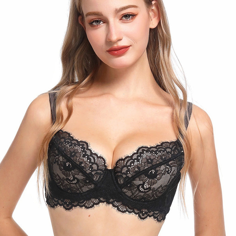 Black lace bra worn by a model on a white background