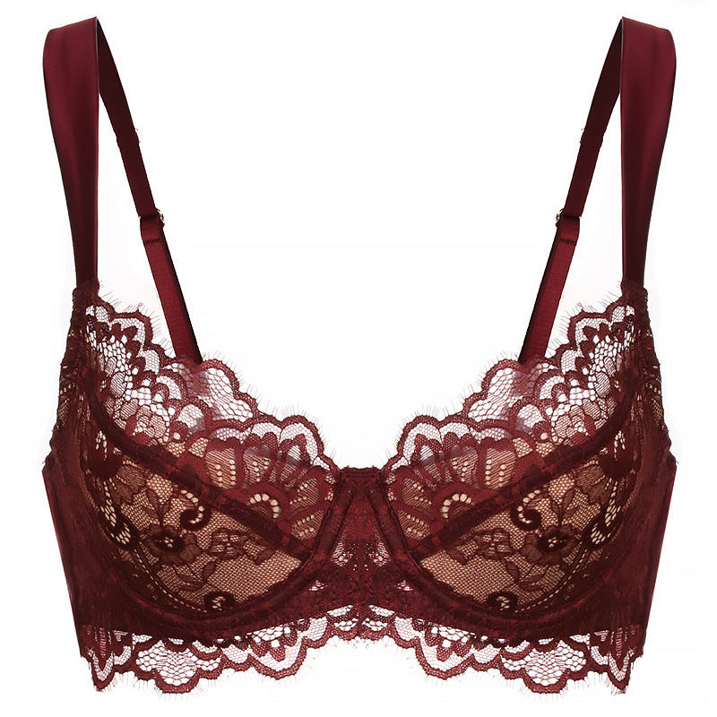 Red lace bra on a white background