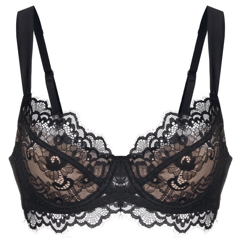Black lace bra on a white background