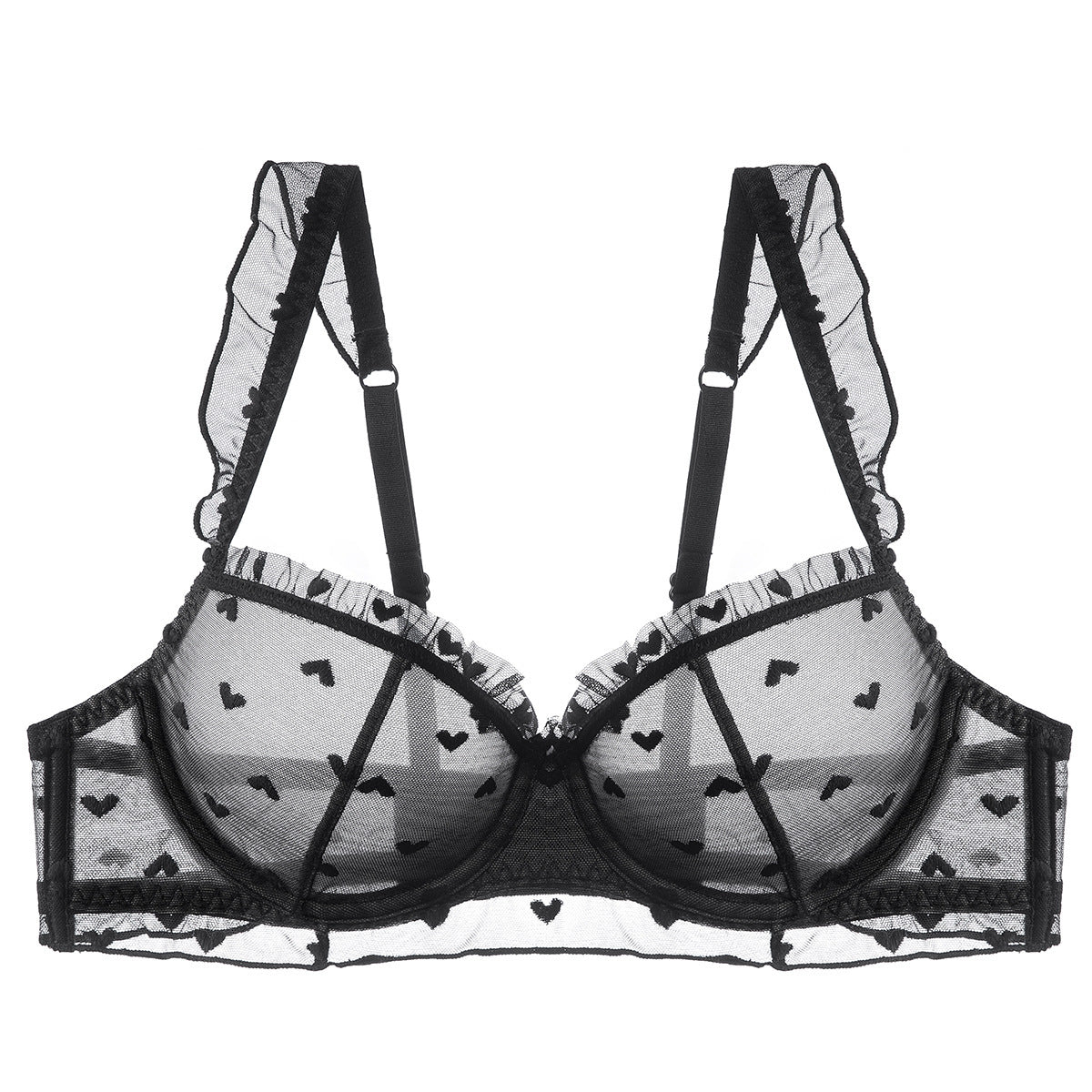 Black and white bra with heart patterns on a white background