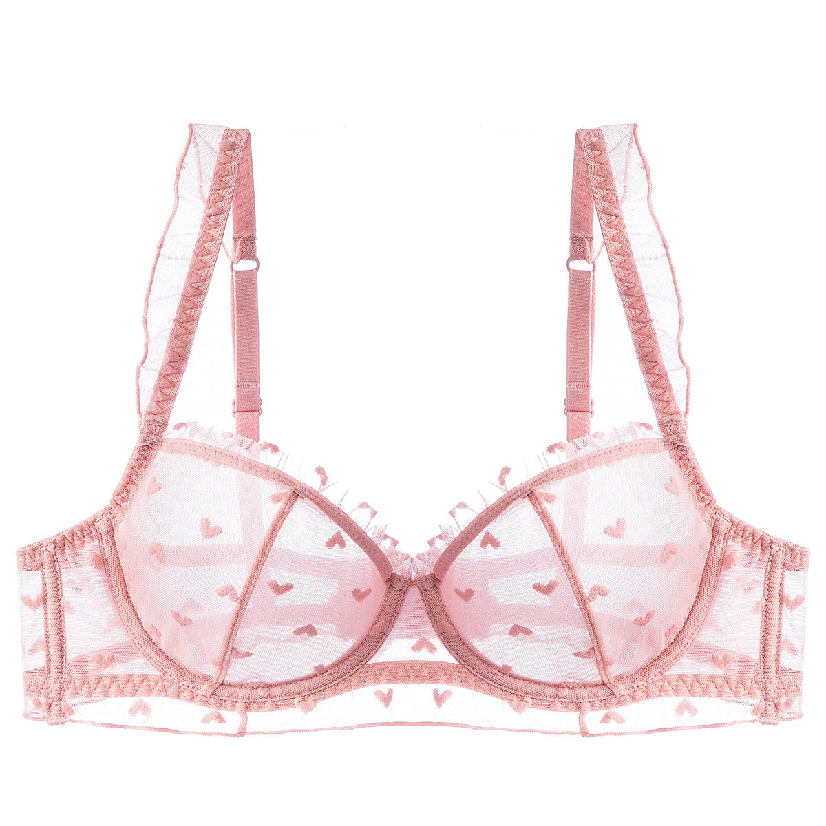 Pink bra with floral lace details on a white background