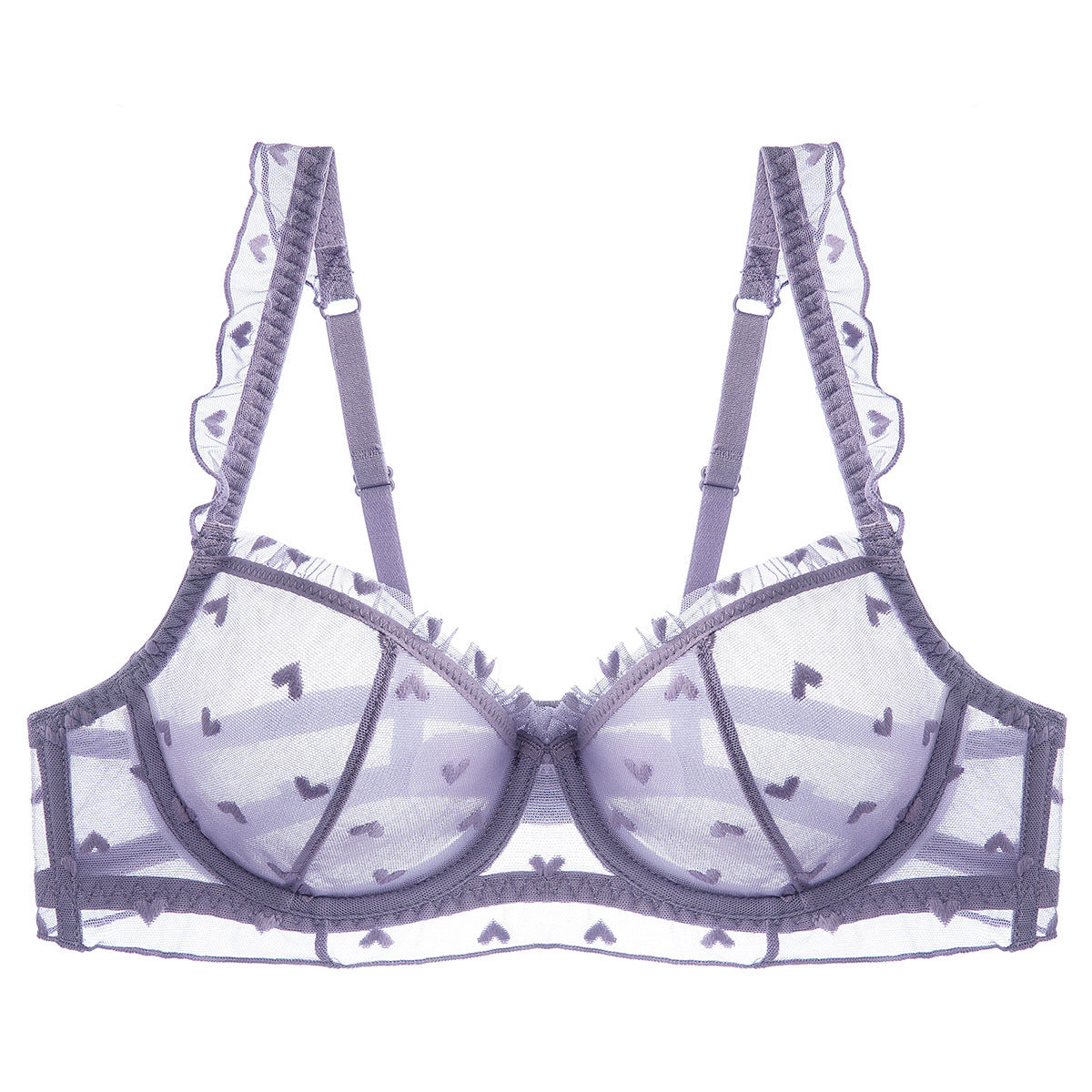 Lavender bra with lace details on a white background