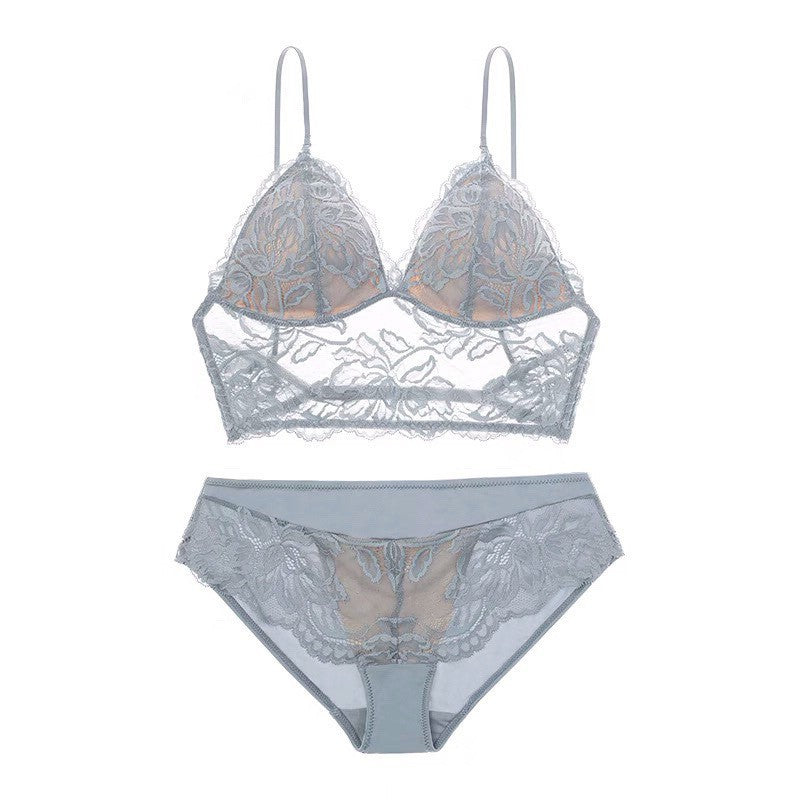 Gray lace lingerie set on a white background