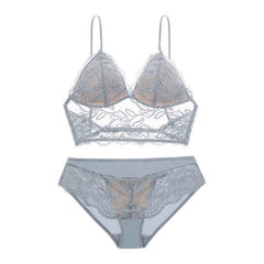 Gray lace lingerie set on a white background