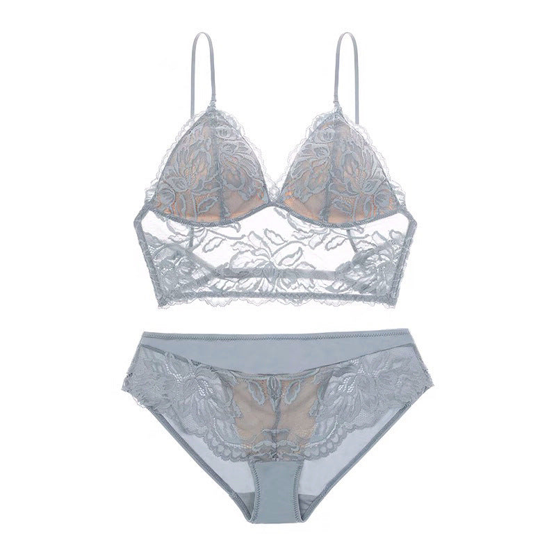Lace lingerie set with bra and panties on a white background