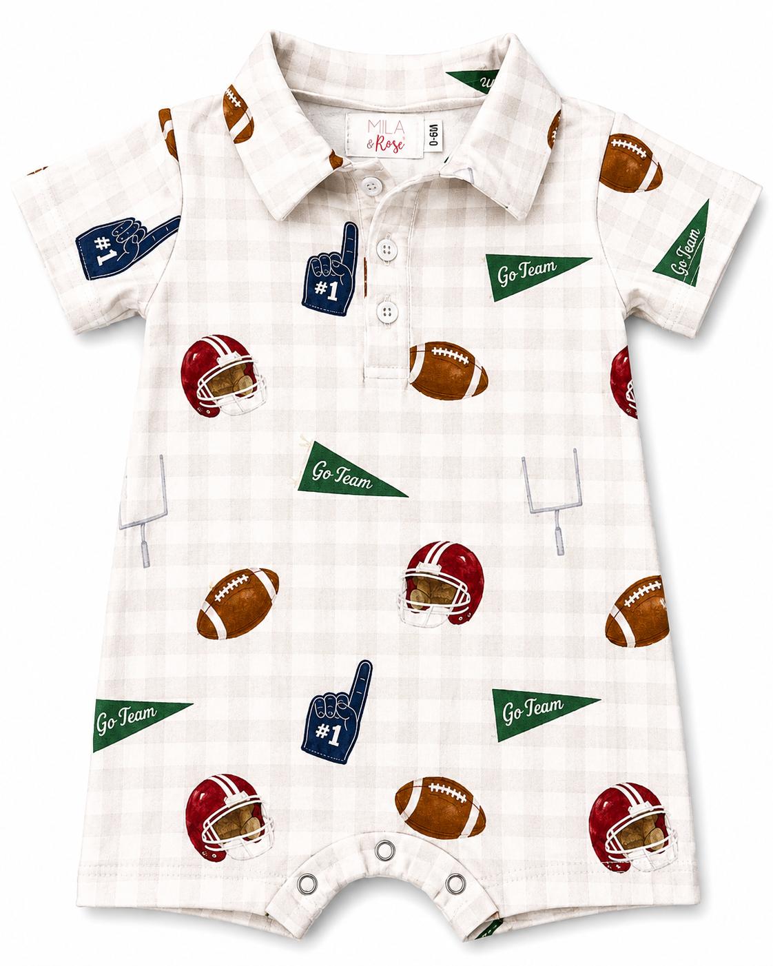 Baby romper with football-themed design on a white background