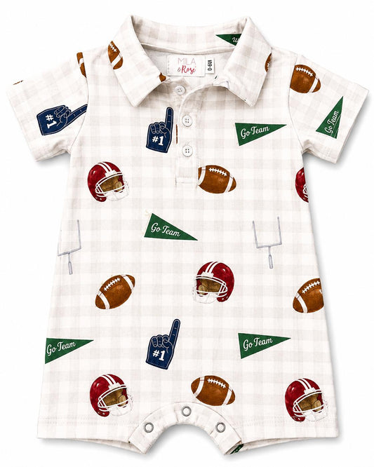 Baby romper with football-themed design on a white background