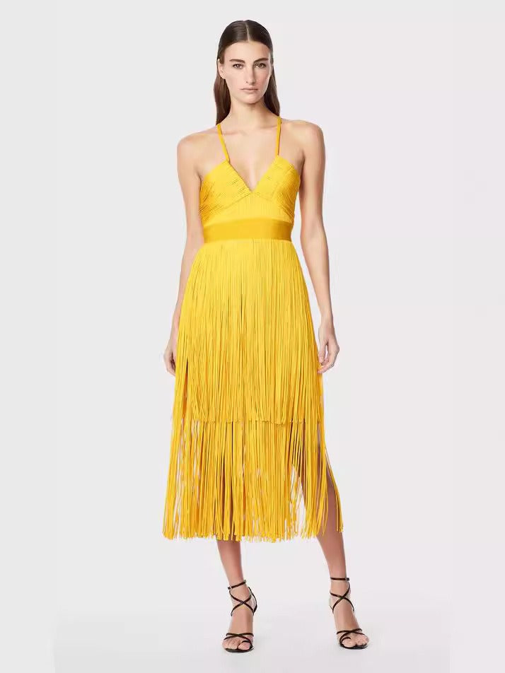 Fringe Bandage Dress With Suspender Straps For Women, Tribeca, BYMANYC New York.