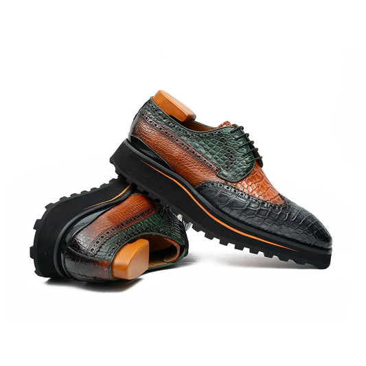 Genuine Crocodile Leather Handmade Grey Brown Brogue Shoes