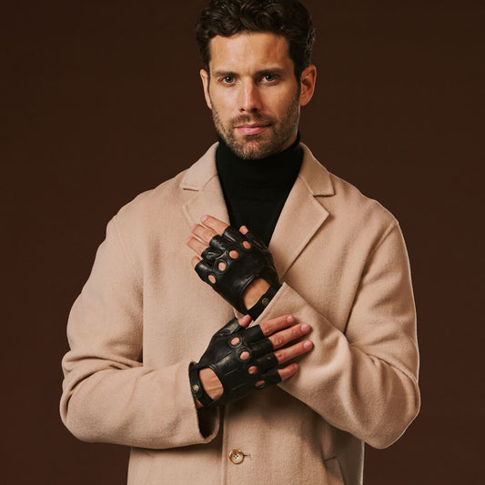 Giuseppe (black) - Italian lambskin fingerless leather driving gloves - alternate view