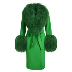 Wool Cashmere Coat with Mongolian Fur Collar | Women's Luxury