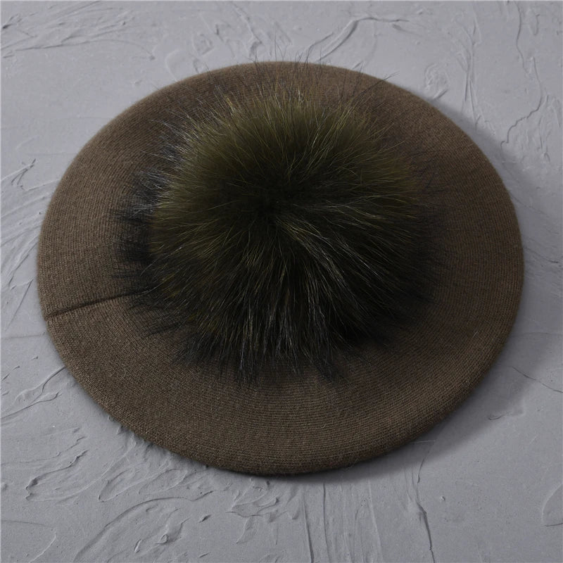 Winter Women's Knitted Wool Beret with Natural Raccoon Fur Pom-Pom