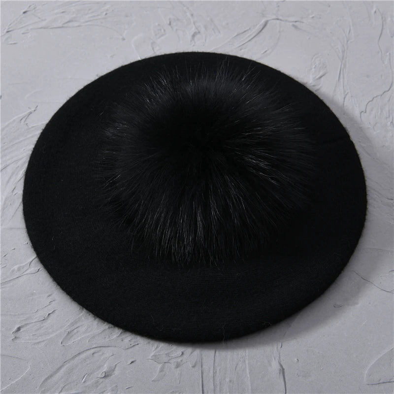 Winter Women's Knitted Wool Beret with Natural Raccoon Fur Pom-Pom