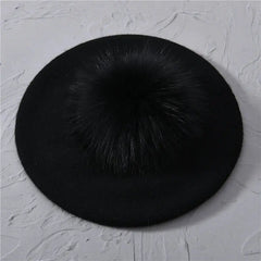 Winter Women's Knitted Wool Beret with Natural Raccoon Fur Pom-Pom Family Shopolf