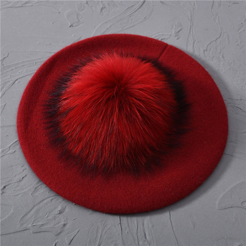 Winter Women's Knitted Wool Beret with Natural Raccoon Fur Pom-Pom