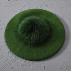 Winter Women's Knitted Wool Beret with Natural Raccoon Fur Pom-Pom Family Shopolf