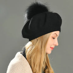 Winter Women's Knitted Wool Beret with Natural Raccoon Fur Pom-Pom