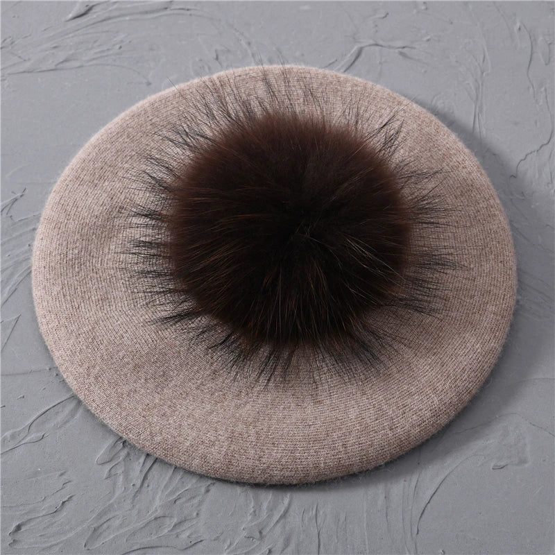 Winter Women's Knitted Wool Beret with Natural Raccoon Fur Pom-Pom