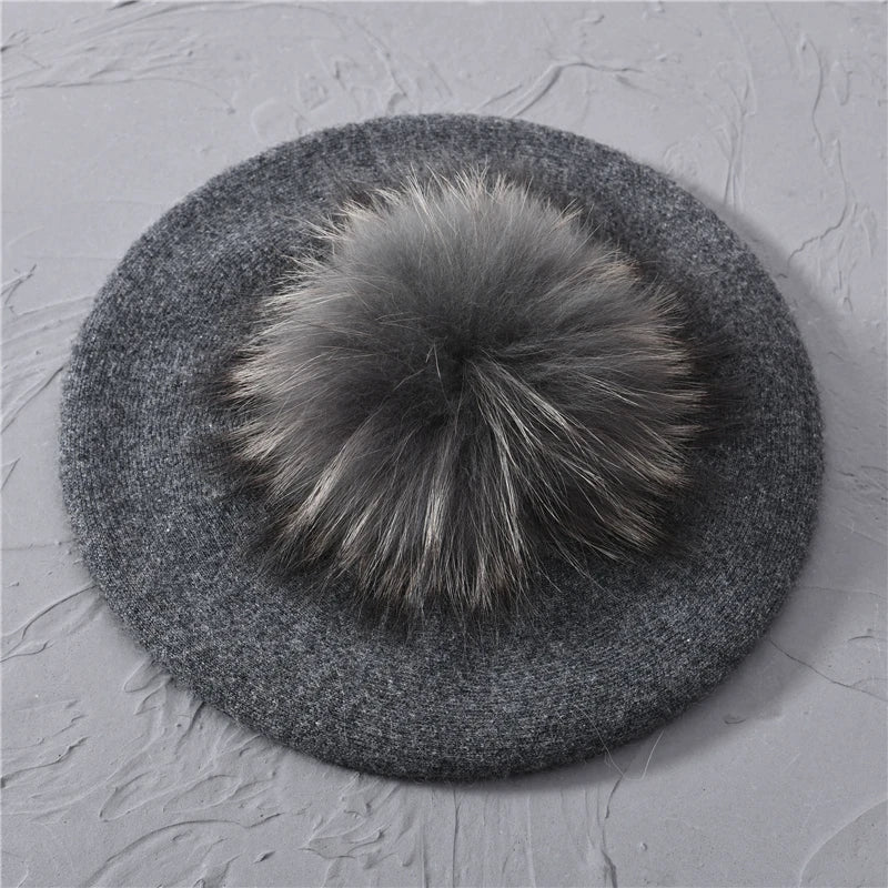 Winter Women's Knitted Wool Beret with Natural Raccoon Fur Pom-Pom