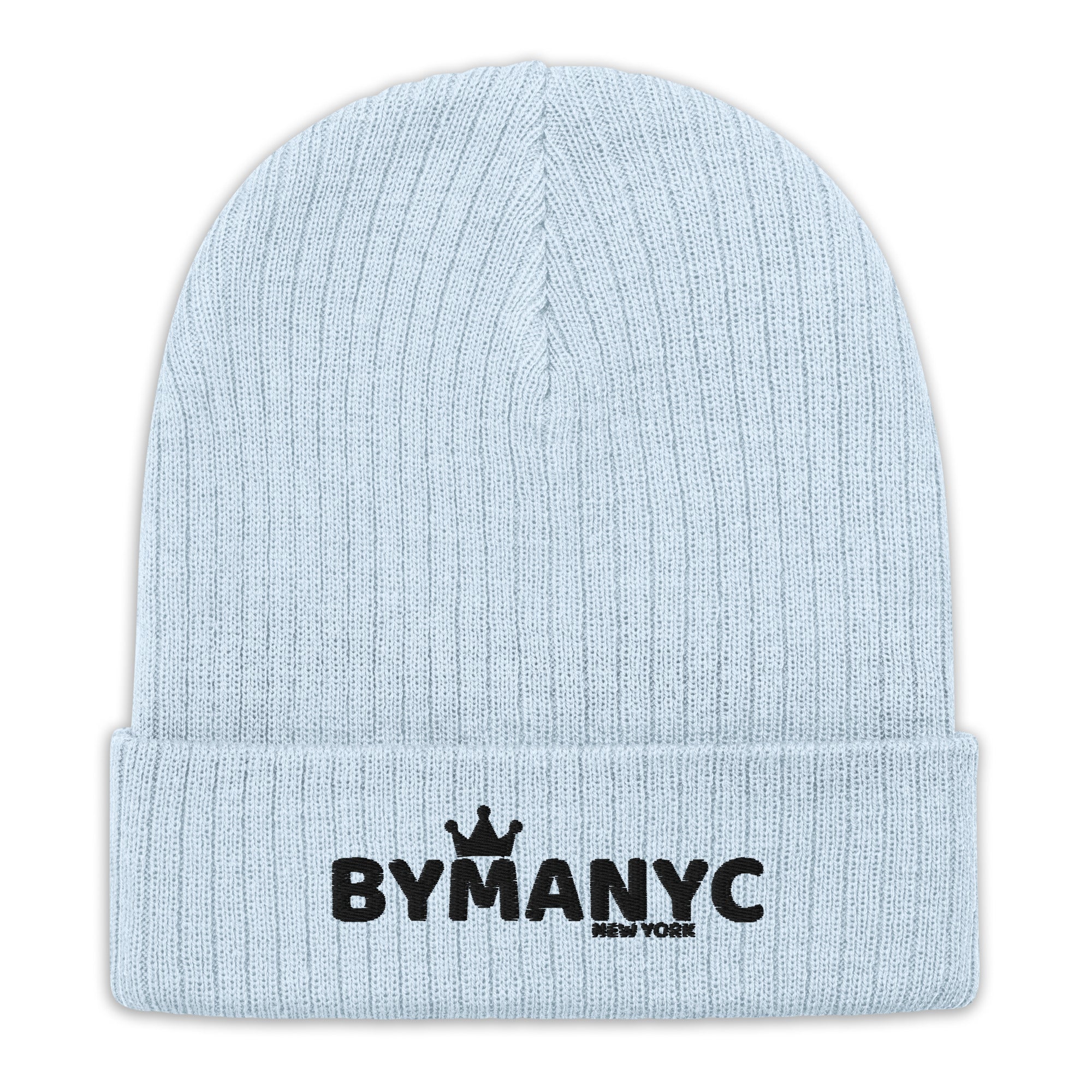 Light blue beanie with 'BYMANYC' logo on a white background
