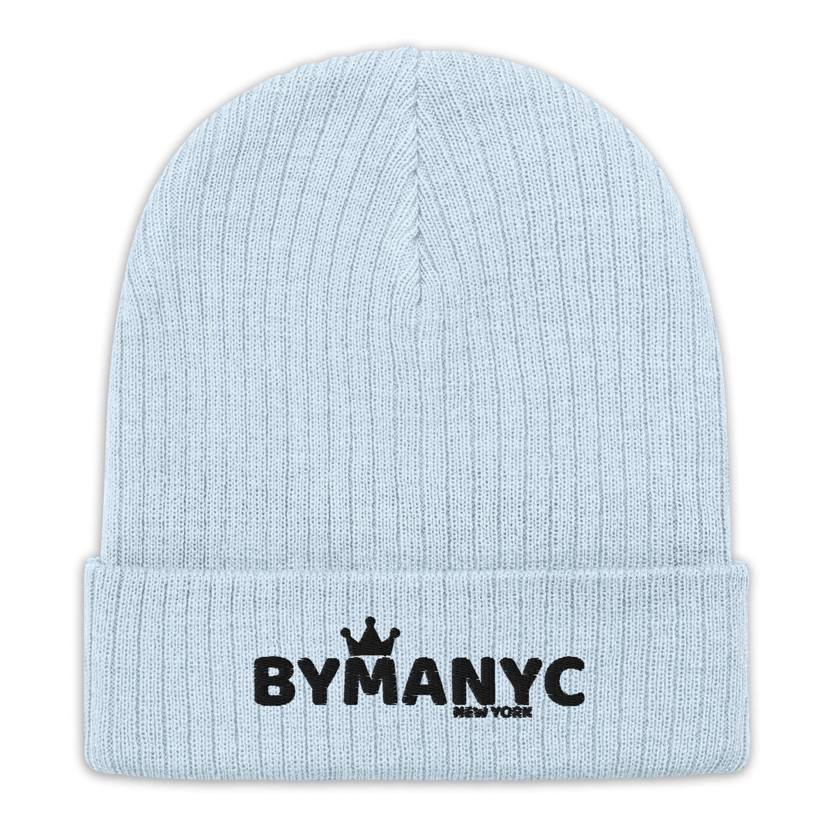 Light blue beanie with 'BYMANYC' logo on a white background