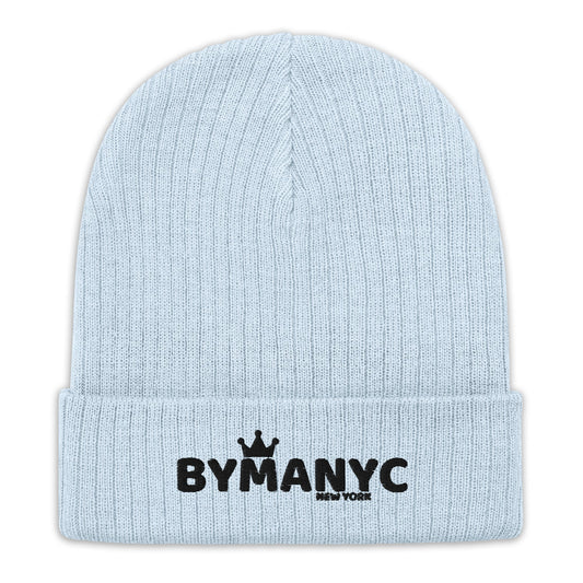 Light blue beanie with 'BYMANYC' logo on a white background