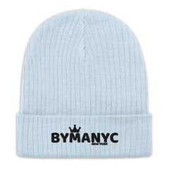 Light blue beanie with 'BYMANYC' logo on a white background