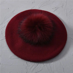 Winter Women's Knitted Wool Beret with Natural Raccoon Fur Pom-Pom Family Shopolf