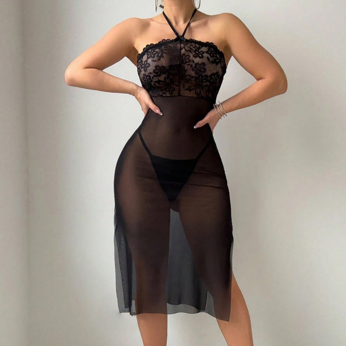 Halter Neck Lingerie Dress with Sheer Lace For Women, Greenwich Village, BYMANYC New York.