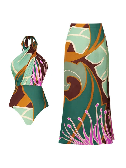 Colorful swimsuit with matching sarong on a white background