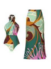 Colorful swimsuit with matching sarong on a white background