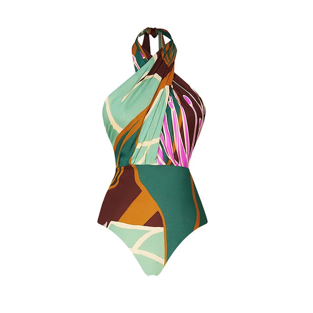 Colorful one-piece swimsuit with abstract pattern on a white background