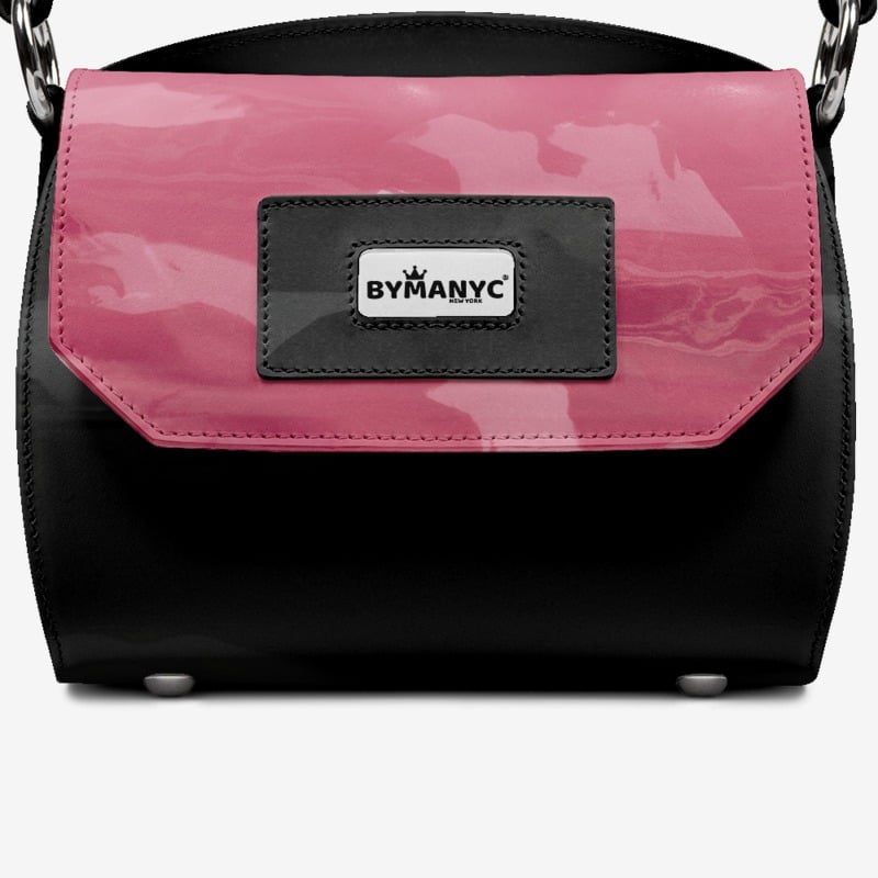 Black and pink handbag with 'BYMANYC' logo on a white background