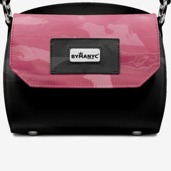 Black and pink handbag with 'BYMANYC' logo on a white background