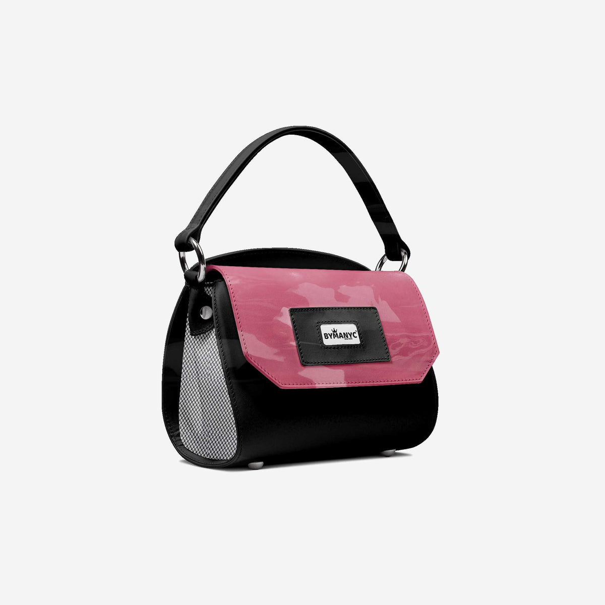 Black and pink handbag with a visible brand logo on a light gray background