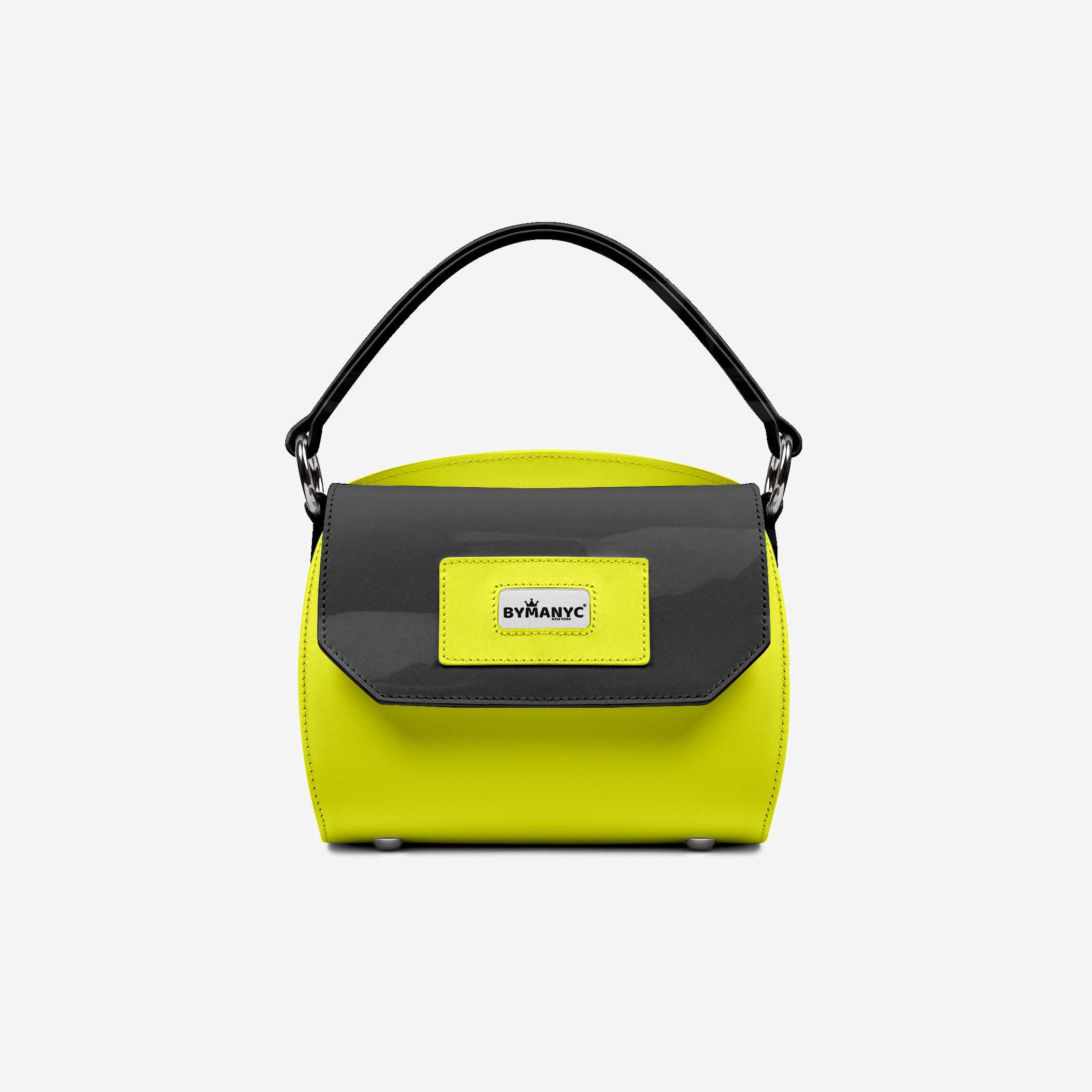 Yellow handbag with black accents on a white background