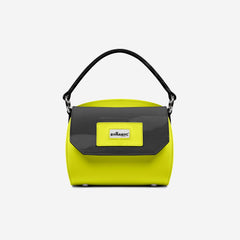 Yellow handbag with black accents on a white background