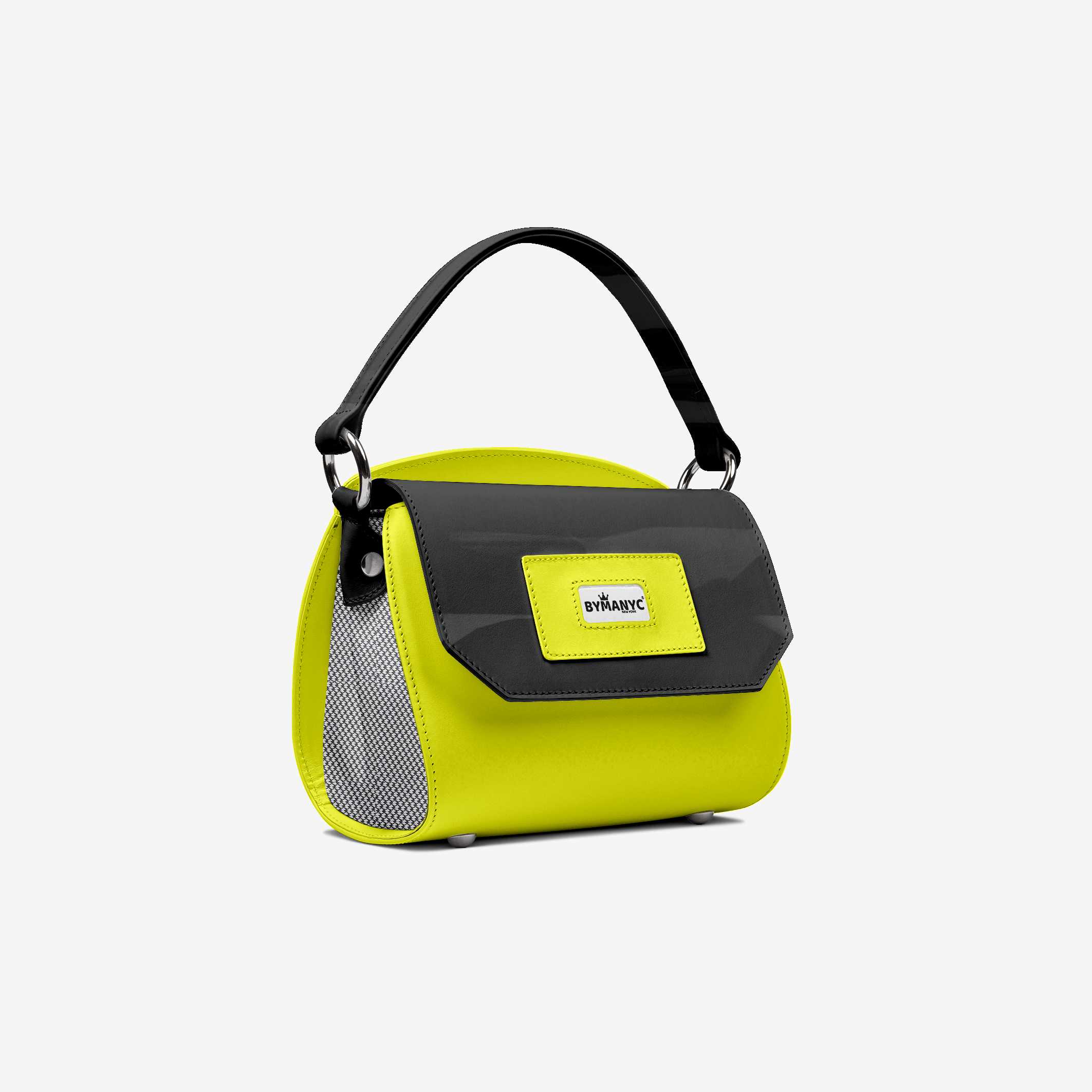 Yellow and black handbag with a visible brand logo on a white background