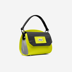 Yellow and black handbag with a visible brand logo on a white background