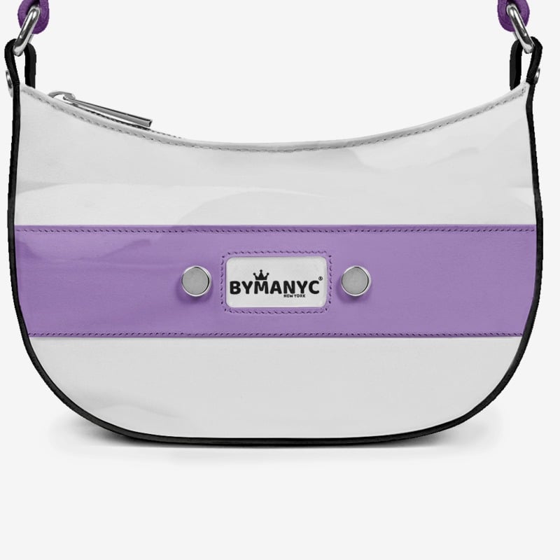 White handbag with purple accents and ByManyC logo on a white background