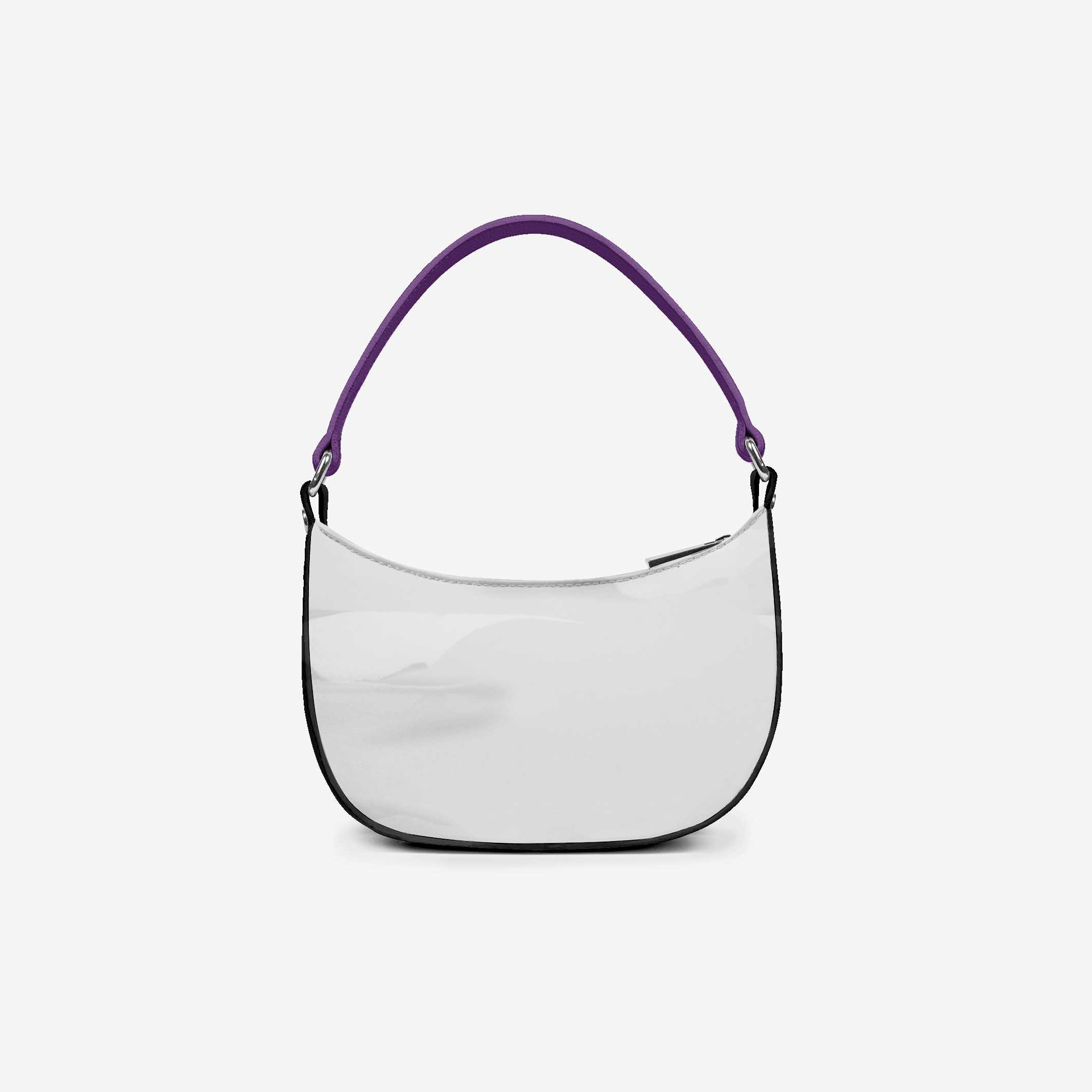 Clear handbag with purple handle on a light gray background