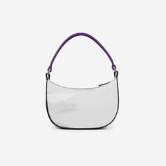 Clear handbag with purple handle on a light gray background