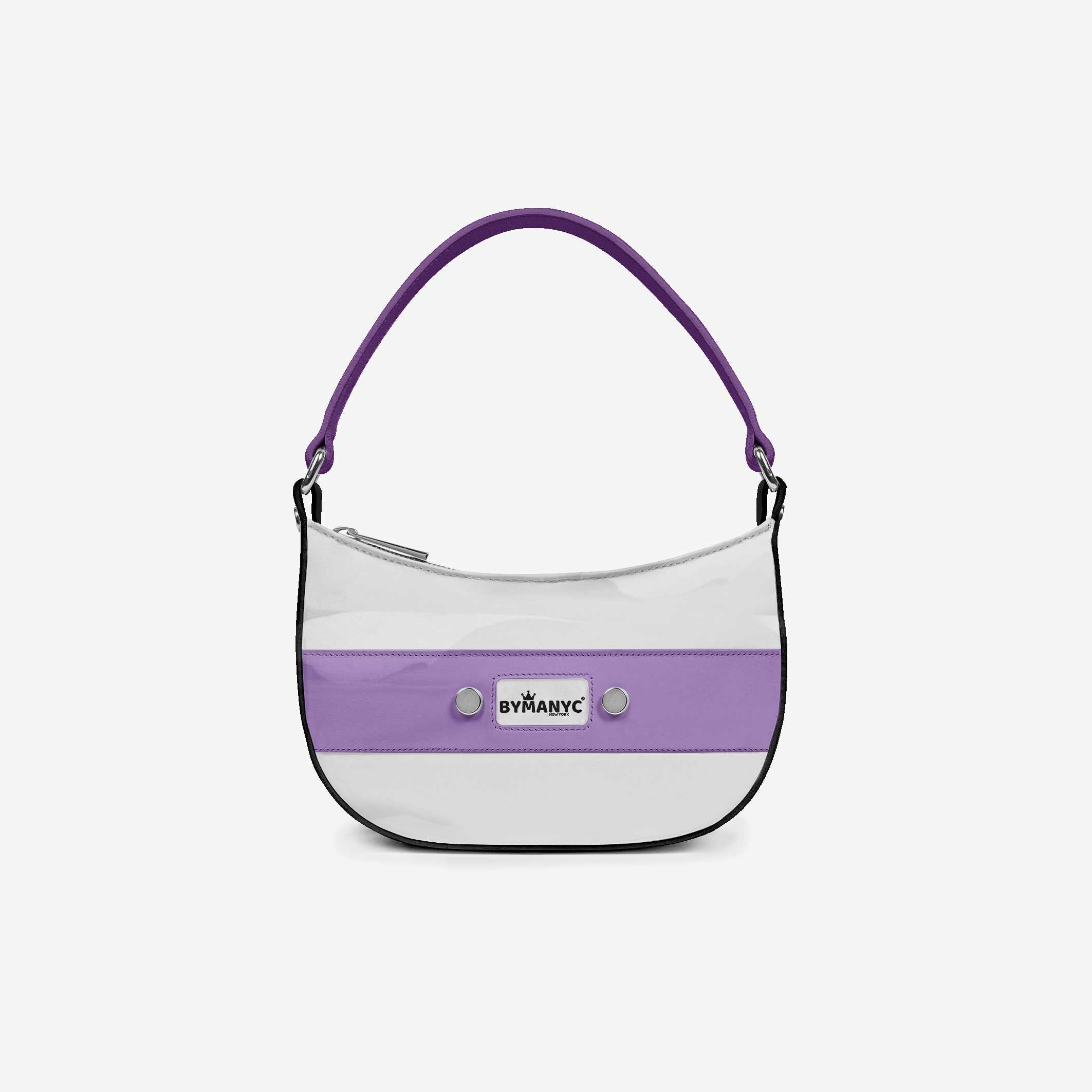 Purple and white handbag with 'BryanC' branding on a light gray background