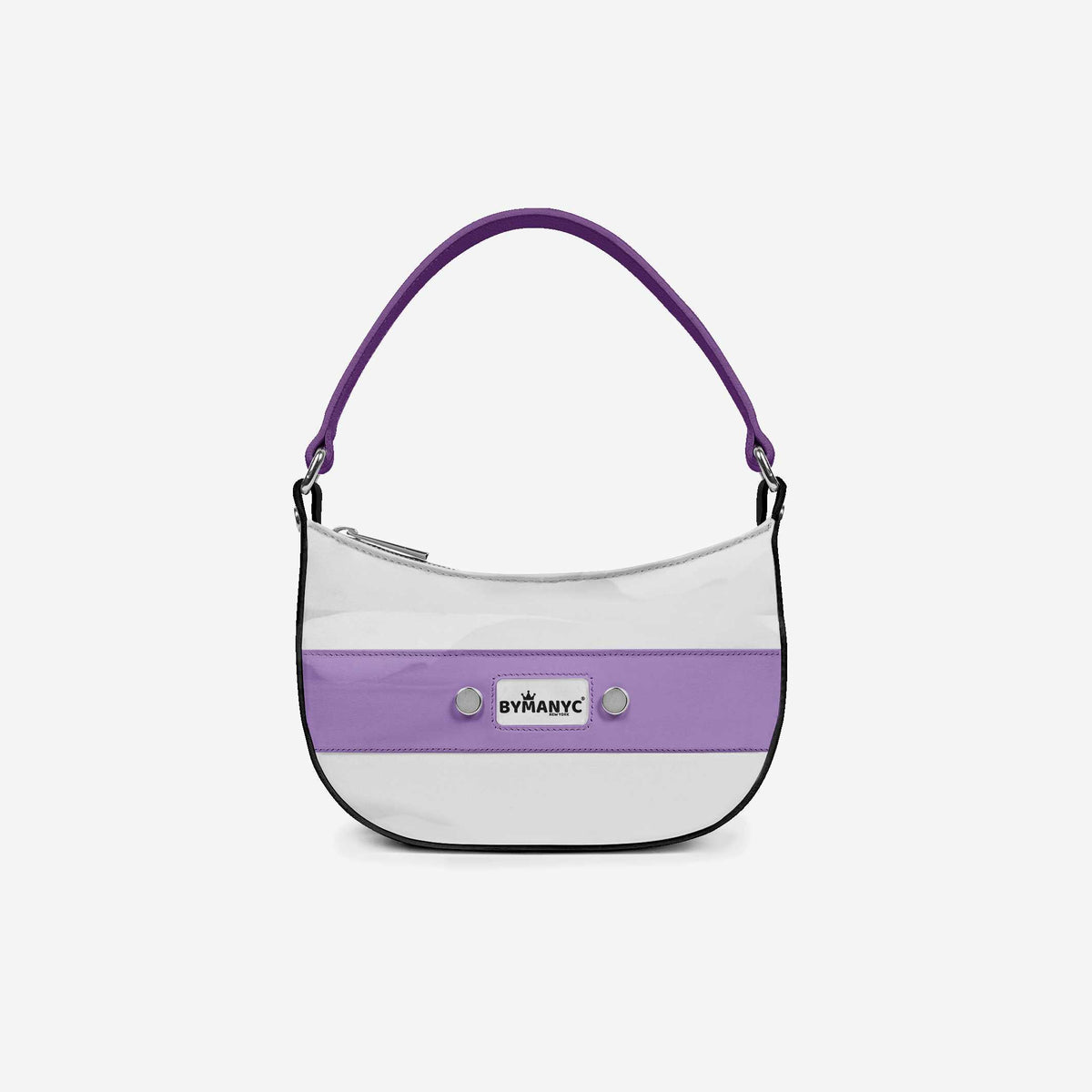 Purple and white handbag with 'BryanC' branding on a light gray background