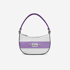 Purple and white handbag with 'BryanC' branding on a light gray background