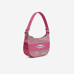 Pink handbag with glittery accents on a white background