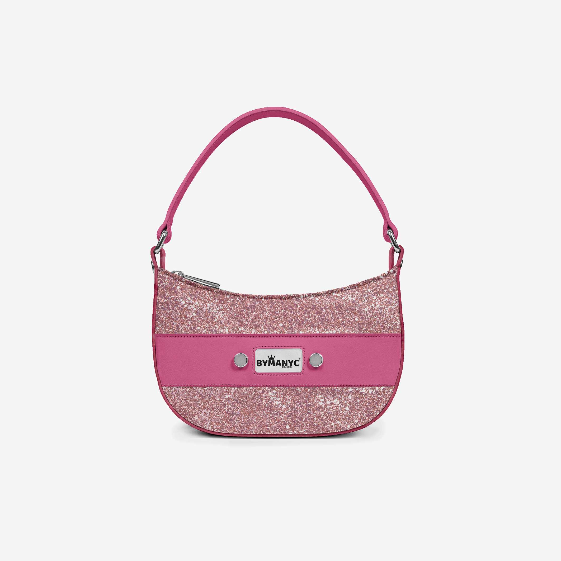 Pink handbag with glittery accents and 'Samantha' branding on a light gray background