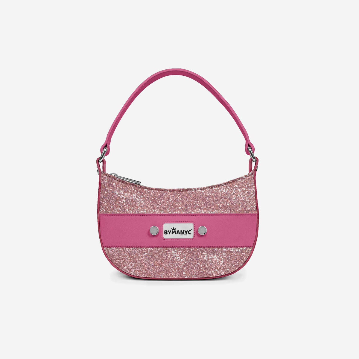 Pink handbag with glittery accents and 'Samantha' branding on a light gray background