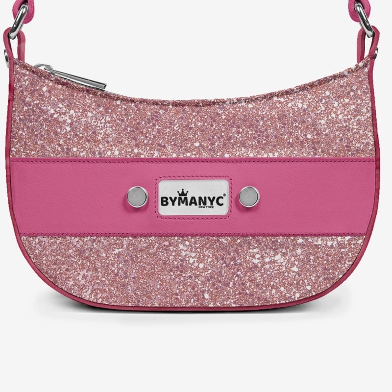 Pink glitter handbag with a visible brand logo on a white background